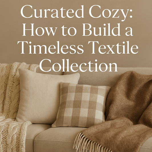 Timeless textile collection by All Things Cozy featuring a neutral beige sofa styled with a chunky knit throw, linen pillow, plaid cushion, and herringbone blanket.