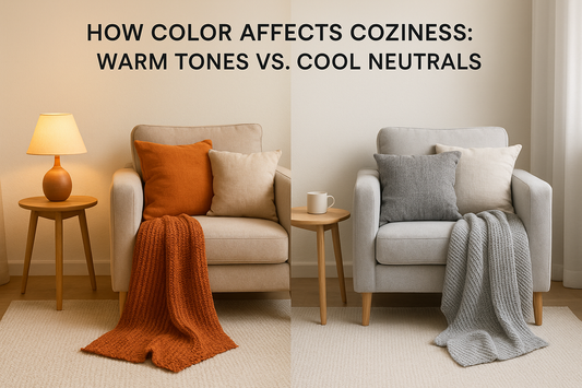 Cozy living room with two single armchairs, one styled in warm tones with terracotta and beige, and the other in cool neutrals with gray and white, featuring blankets and cushions from All Things Cozy.