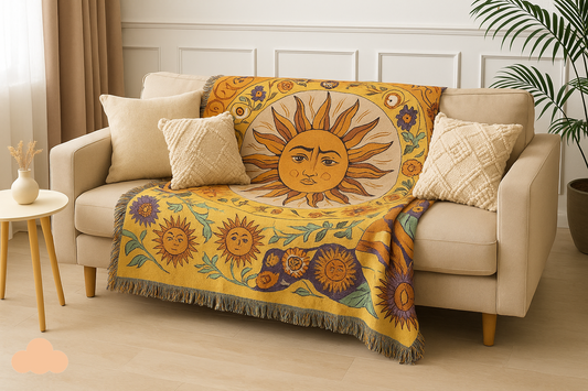 Boho sun motif throw blanket styled on a beige sofa with cozy pillows in a warm living room - All Things Cozy