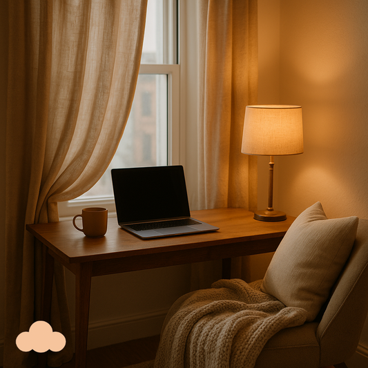 Cozy home office corner with warm lighting, linen curtains, wooden desk, laptop, and layered fabrics including a knit throw blanket and soft cushions