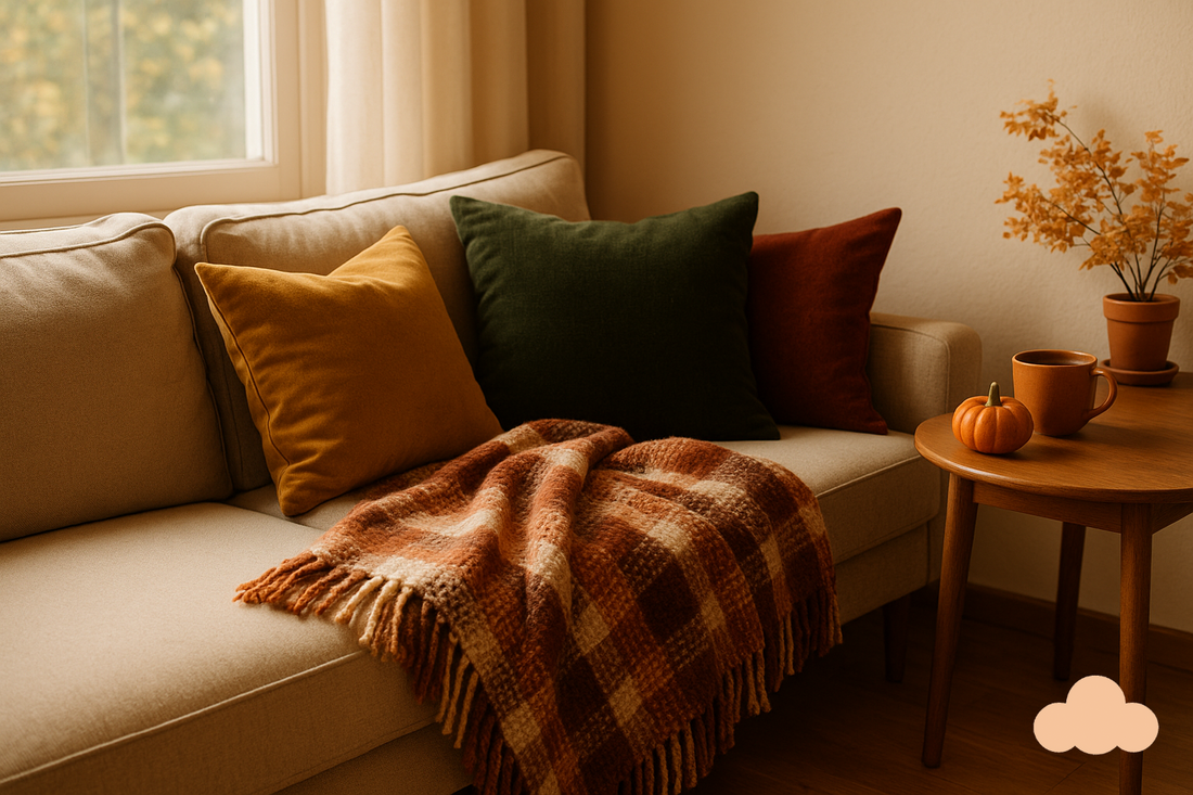 Cozy fall living room with chunky knit throw blanket, autumn-toned cushions, and warm seasonal decor by All Things Cozy