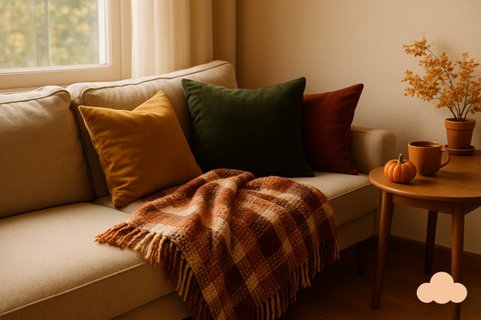 Cozy fall living room with chunky knit throw blanket, autumn-toned cushions, and warm seasonal decor by All Things Cozy