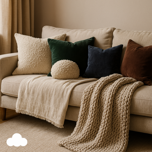 Luxury cozy living room styled with layered fabrics — velvet throw, linen blanket, boucle cushion, and chunky knit for a designer-inspired look