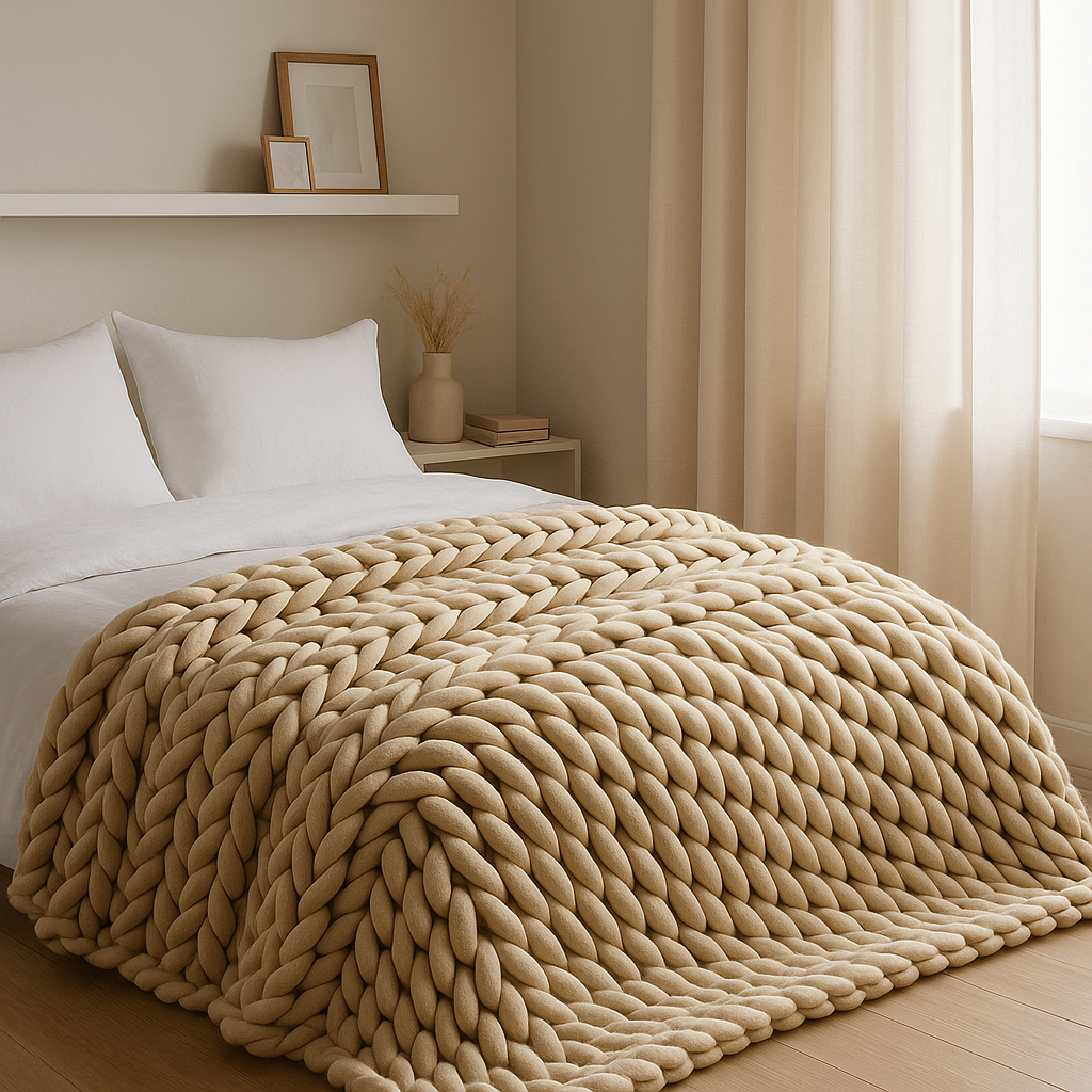 A cozy bedroom featuring a chunky beige knit heavy weight blanket draped over a white bed, with natural light filtering through soft cotton curtains — part of the All Things Cozy heavy blanket collection.