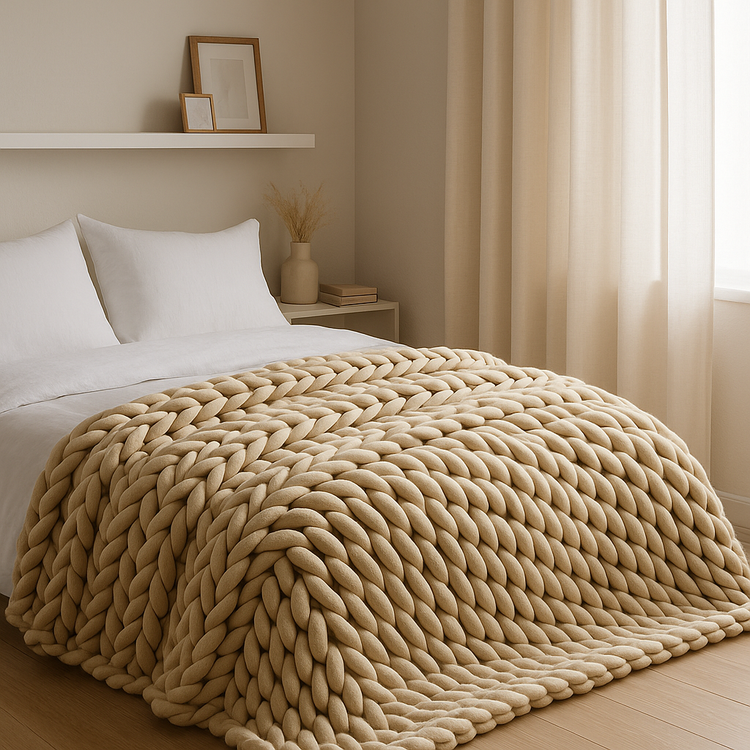 A cozy bedroom featuring a chunky beige knit heavy weight blanket draped over a white bed, with natural light filtering through soft cotton curtains — part of the All Things Cozy heavy blanket collection.