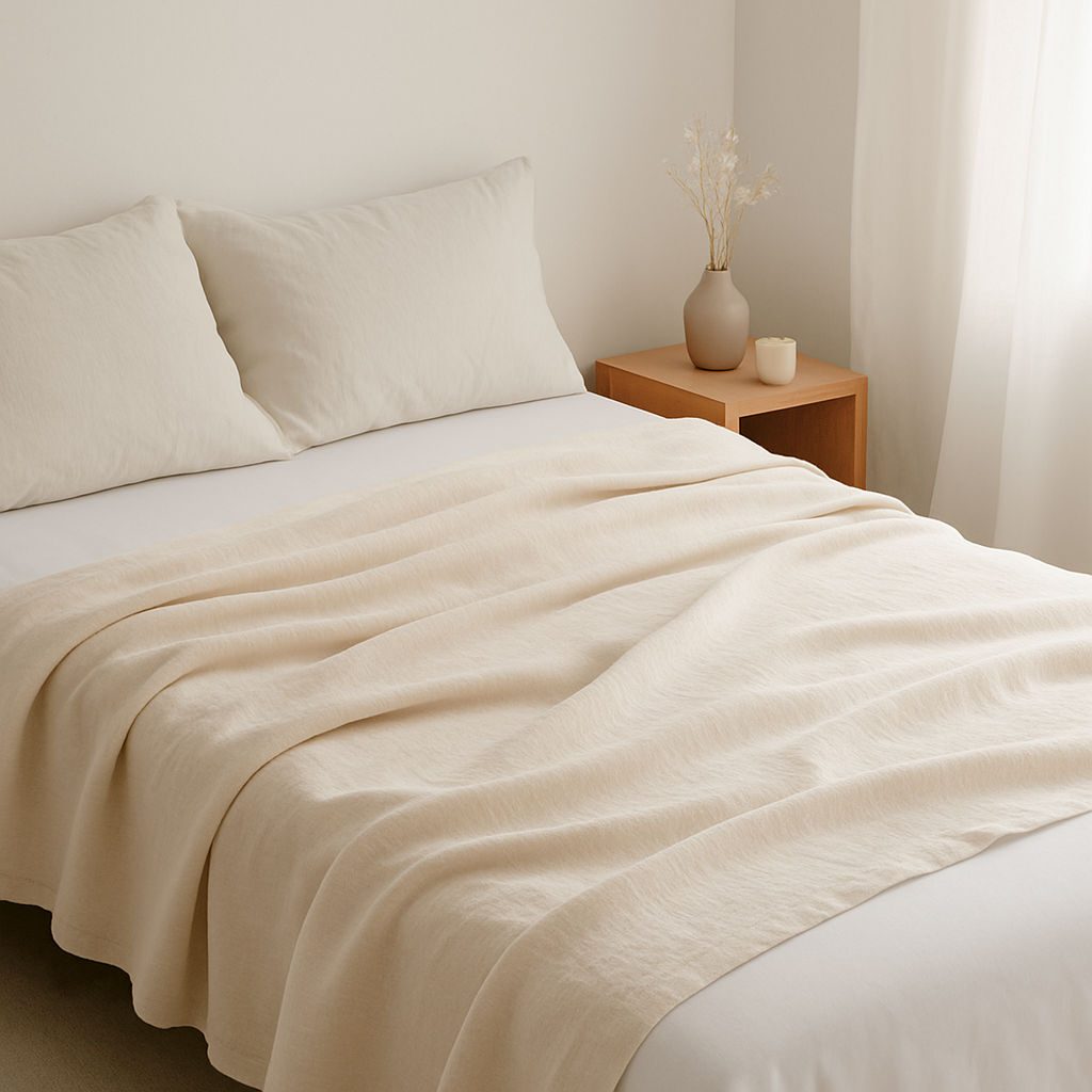 A light beige lightweight blanket softly draped over white bedding in a minimalist bedroom, styled with a wooden nightstand, ceramic vase, and sheer curtains — part of the All Things Cozy light weight blanket collection.