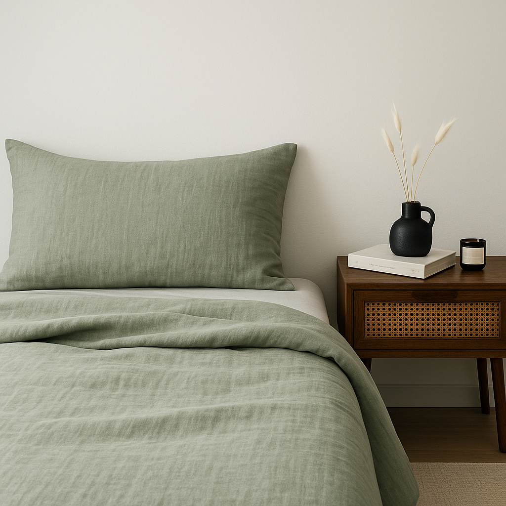 A minimalist bedroom with sage green medium weight bedding on a white mattress, styled next to a wooden nightstand with a black vase, dried stems, and a candle — part of the All Things Cozy medium weight blanket collection.