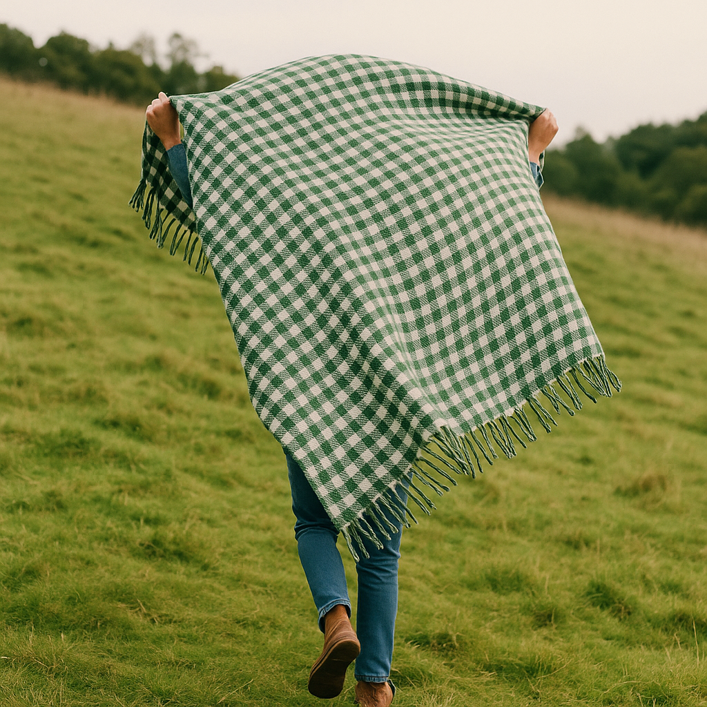 A person walking through a grassy field holding a green and white gingham throw blanket above their head, with fringe details flowing in the breeze — featured in the All Things Cozy throw blanket collection.