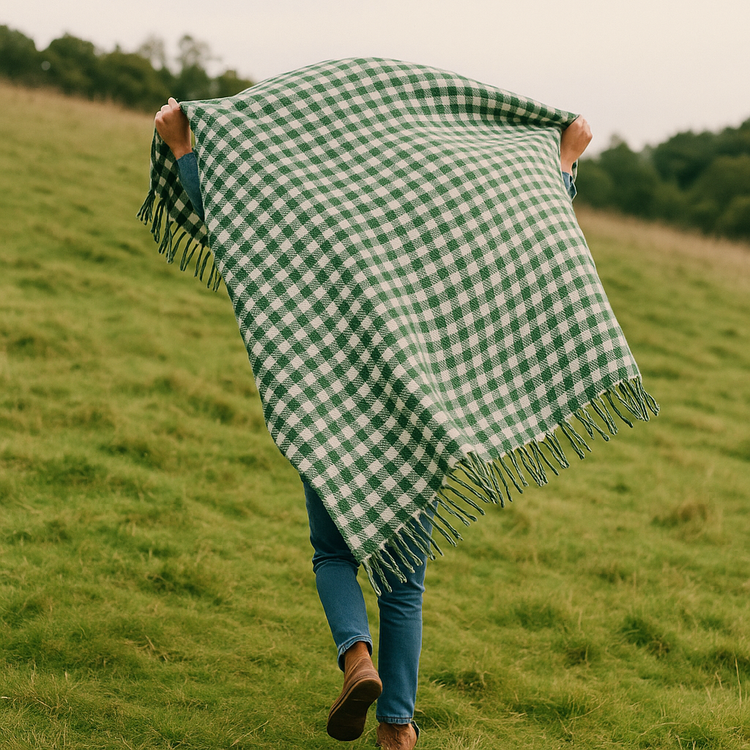 A person walking through a grassy field holding a green and white gingham throw blanket above their head, with fringe details flowing in the breeze — featured in the All Things Cozy throw blanket collection.