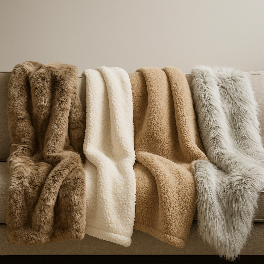 All Things Cozy faux fur and sherpa blankets in taupe, cream, beige, and gray draped over a sofa