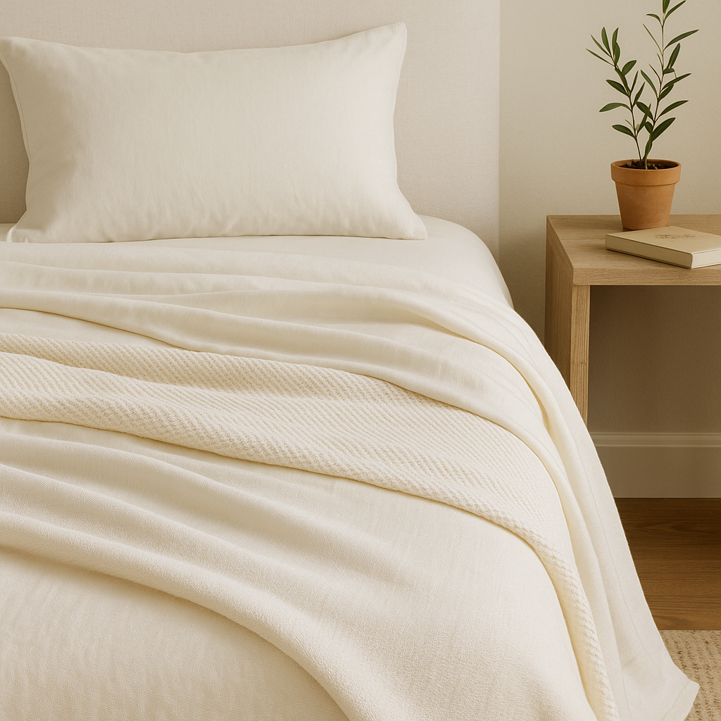 All Things Cozy hypoallergenic and skin-friendly blankets in organic cotton on a minimalist bed