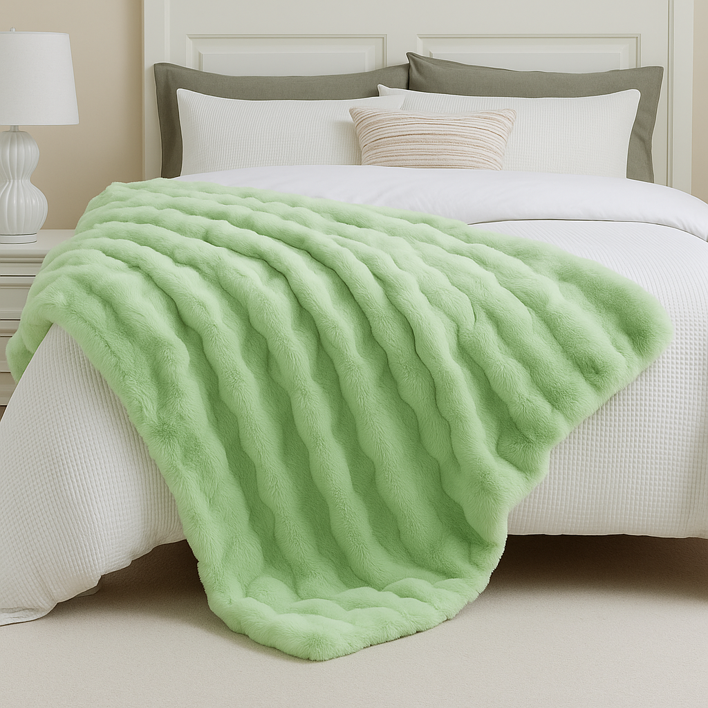 All Things Cozy mint green faux fur bed blanket draped over a white textured duvet in a modern bedroom with neutral accents.