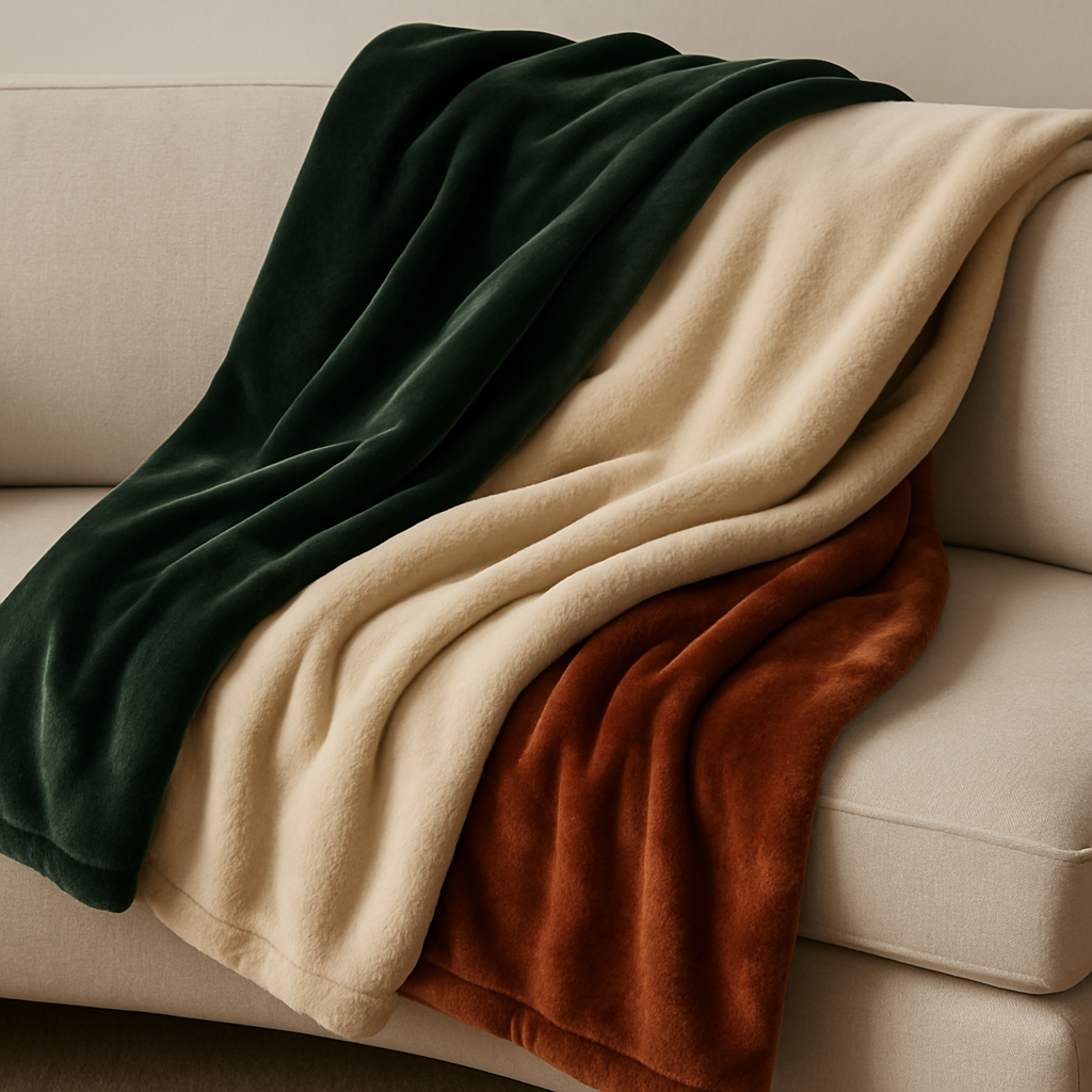 All Things Cozy plush and velvety blankets in emerald green, beige, and rust draped over a sofa