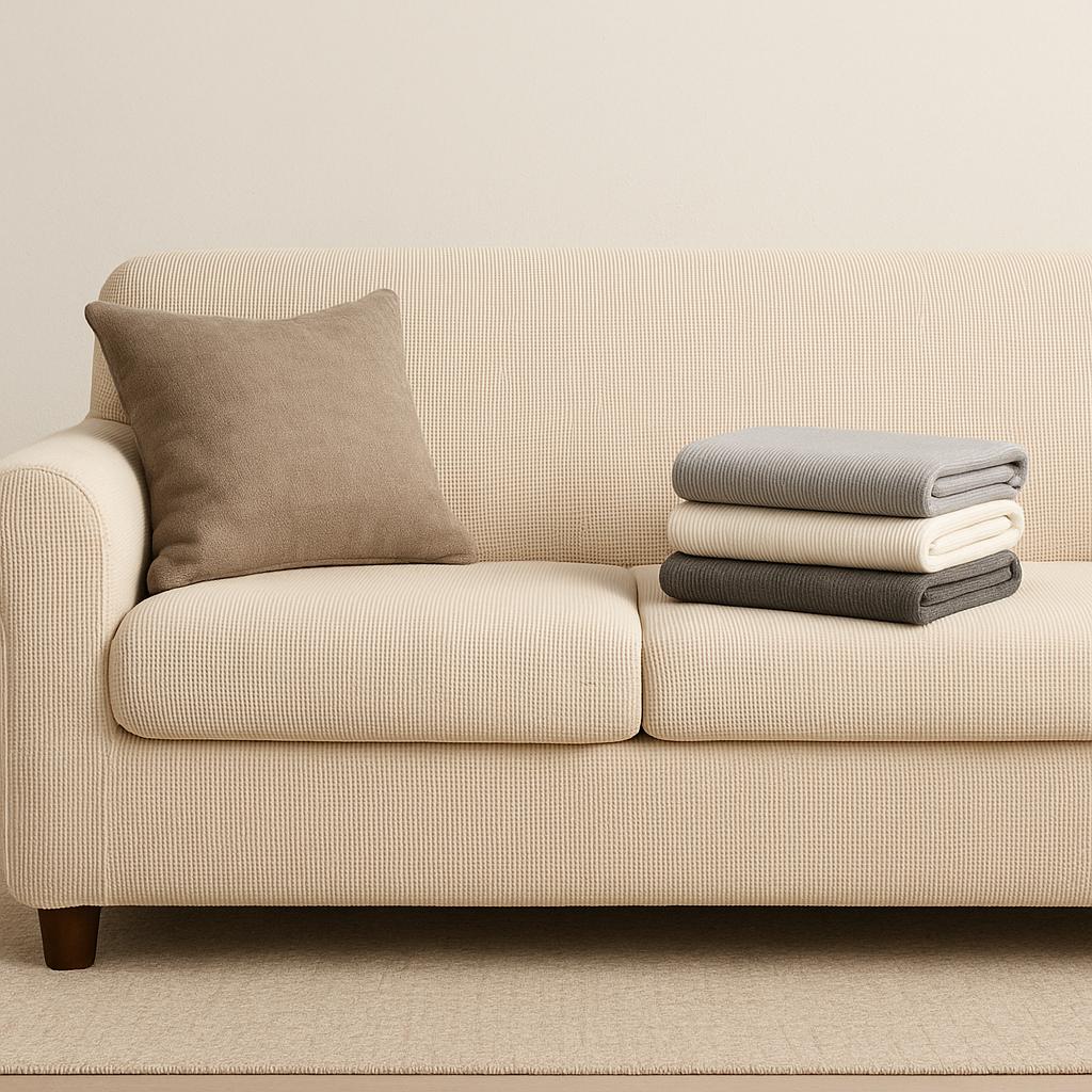 All Things Cozy beige sofa with fitted slipcover and stacked gray, cream, and charcoal sofa slipcovers on seat, styled in a minimalist living room.