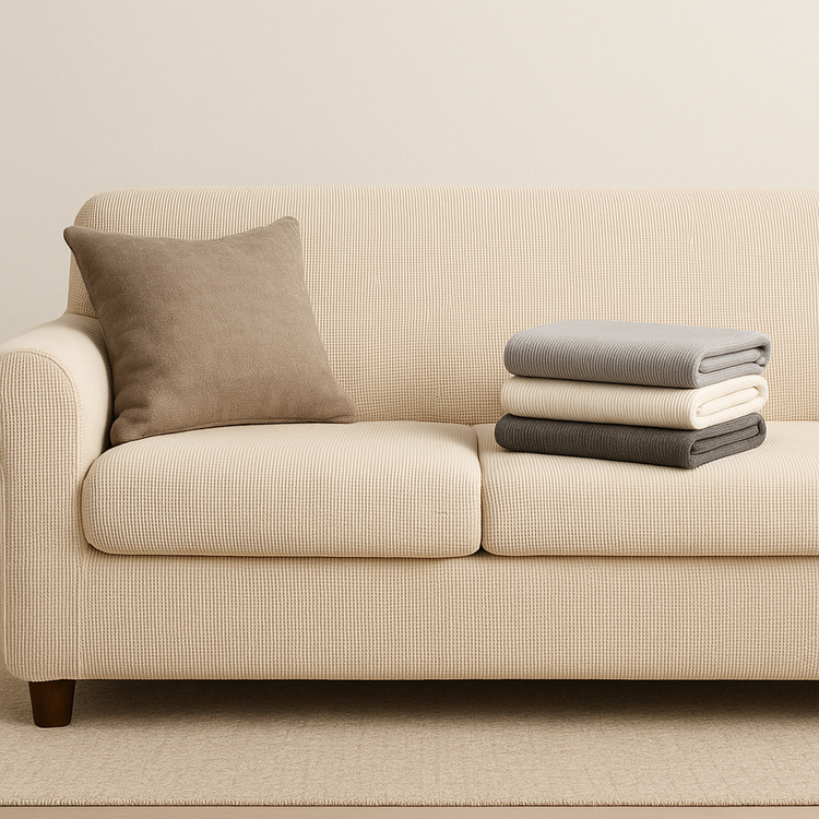 All Things Cozy beige sofa with fitted slipcover and stacked gray, cream, and charcoal sofa slipcovers on seat, styled in a minimalist living room.