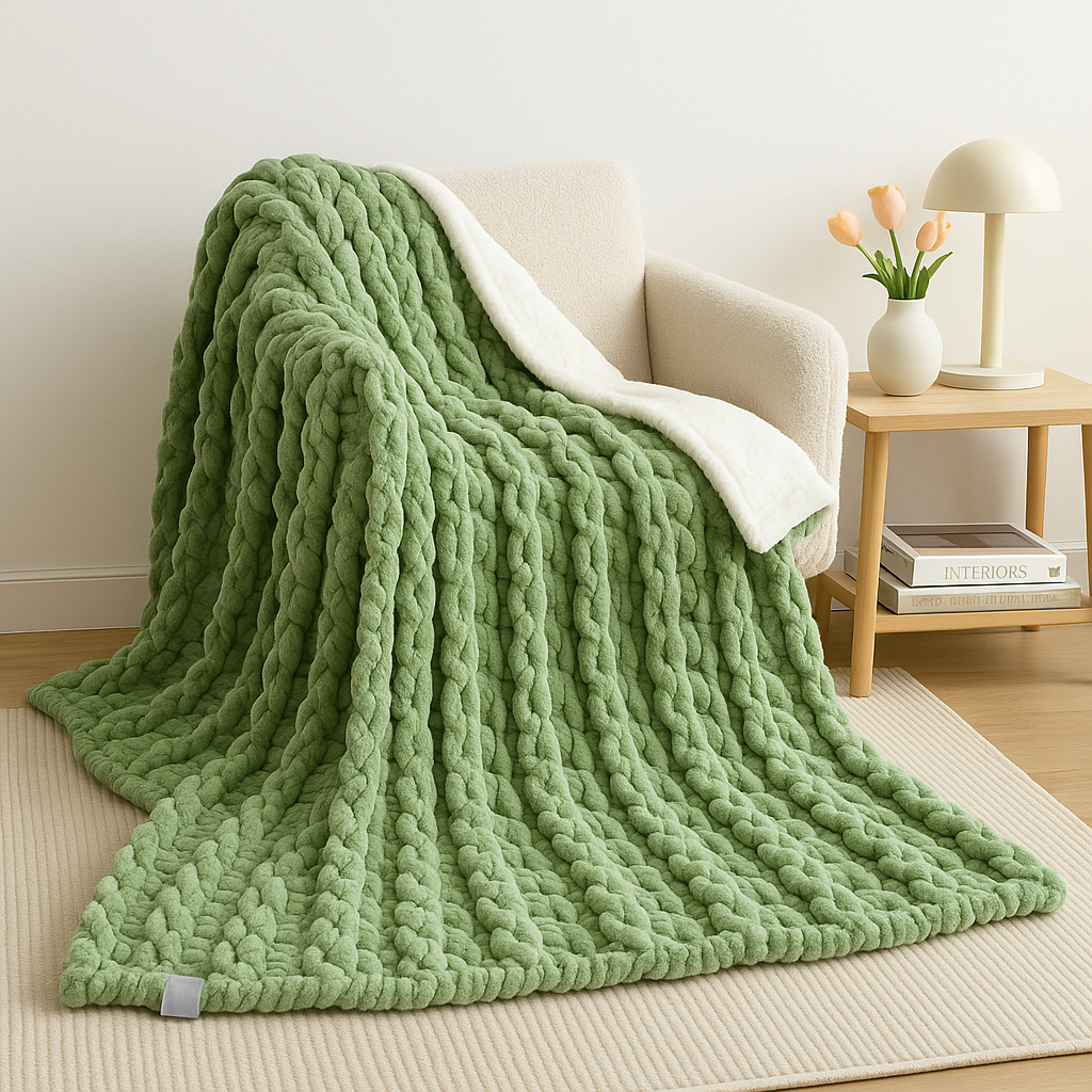 A sage green oversized chunky knit throw blanket with sherpa lining draped over a cream armchair in a cozy minimalist living room, styled with a tulip vase and soft lighting — perfect for All Things Cozy's chunky knit throw blanket collection.