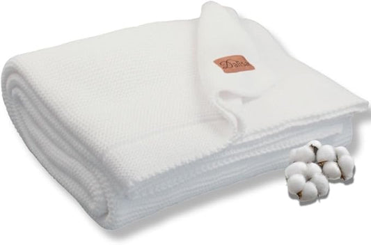 100% Organic Turkish Cotton Throw Blanket - GOTS Certified, Cozy - Perfect for Couch, Bed, and Home Decor - Boho Vintage Knit Alina (White, 80x90)