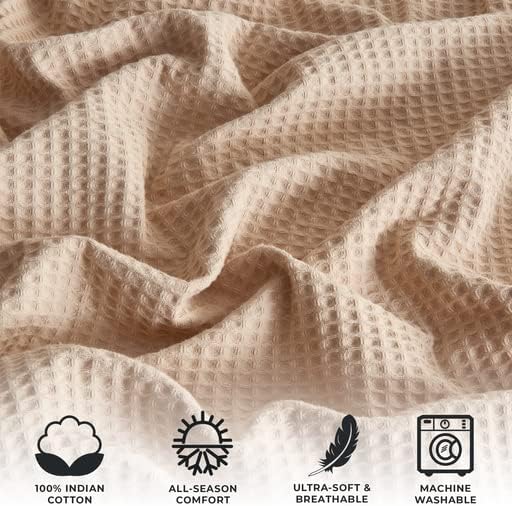 100% Cotton Blanket for Full Queen Size Bed - Taupe Waffle Weave Lightweight Summer Bed Blanket - 90x90in Prewashed Breathable, Woven, Layering Blanket (Full/Queen, Taupe)