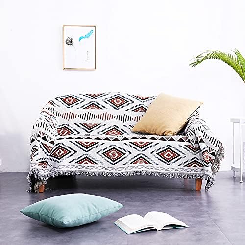 Luxlovery Bohemian Sofa Throw Blankets Ethnic Woven Boho Geometric White and Khaki Throw Blanket for Couch Aztec Bed Throws Oversized Chair Sofa Cover with Tassels(35"x59")