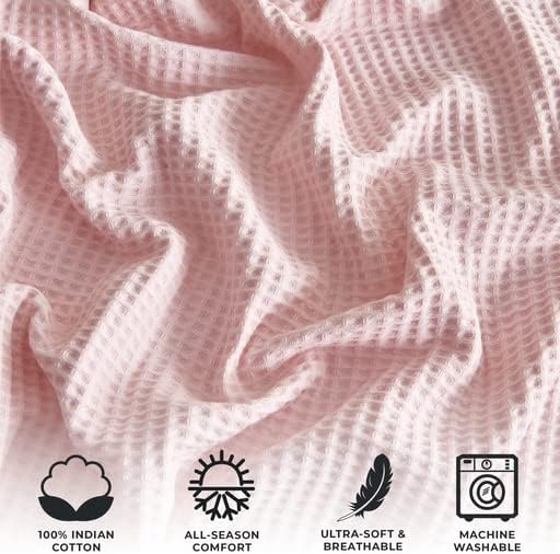 100% Cotton Pink Waffle Weave Lightweight Summer Bed Blanket - 90x90in Prewashed Breathable, Woven, Layering Blanket for Full/Queen Size Bed (Blush)