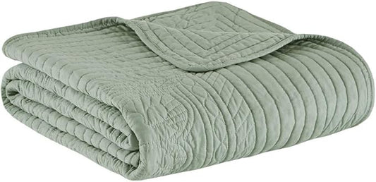 Madison Park Cotton Filled Spread, Ultra Soft, Cozy Living Room Couch, Sofa, Bed Luxe Quilted Throw Blanket-Damask Stitching Design, 60x72, Scalloped Edges Seafoam
