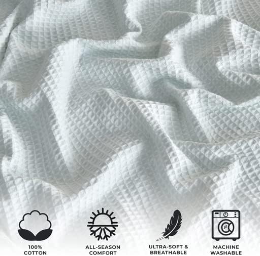 100% Cotton Waffle Weave Lightweight Summer Bed Blanket - Full Queen Size - 90x90in Prewashed Breathable, Layering Blanket (Pale Blue)