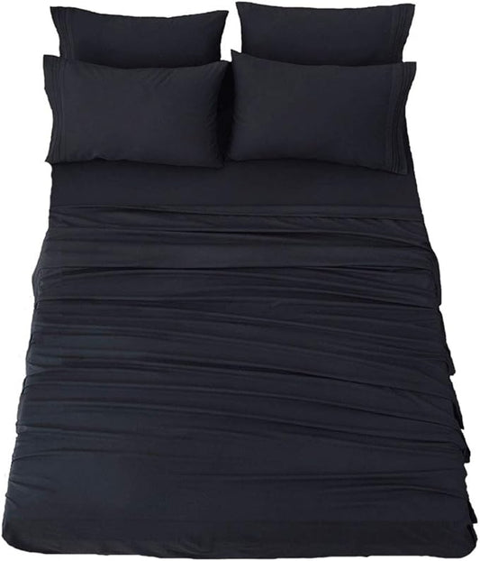 SONORO KATE Bed Sheet Set Super Soft Microfiber 1800 Thread Count Luxury Egyptian Sheets 18-Inch Deep Pocket，Wrinkle and Hypoallergenic-6 Piece (Black, California King-6 Piece)