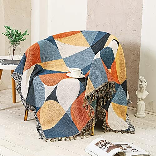Luxlovery Beige Bohemian Sofa Throw Blankets Ethnic Woven Boho Geometric Multicolor Blue and Orange Throw Blanket for Couch Aztec Bed Throws Oversized Chair Sofa Cover with Tassels(63"x86")