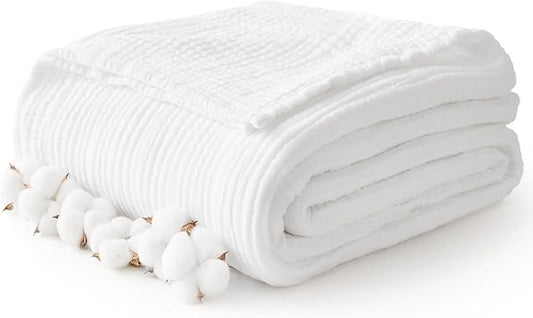 100% Cotton Muslin Blanket Large 50" x 70", 6 Layers Breathable and Lightweight Cotton Blankets for Couch, Quilt Bedspread, Gauze Throw for Adults, White