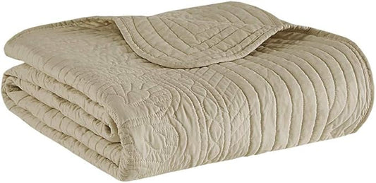 Madison Park Cotton Filled Spread, Ultra Soft, Cozy Living Room Couch, Sofa, Bed Luxe Quilted Throw Blanket-Damask Stitching Design, 60x72, Scalloped Edges Khaki