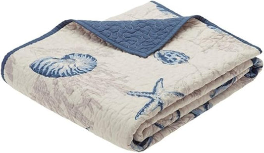 Madison Park Bayside Luxury Oversized Quilted Throw Ivory Navy Blue 60x70 Coastal Premium Soft Cozy Microfiber For Bed, Couch or Sofa