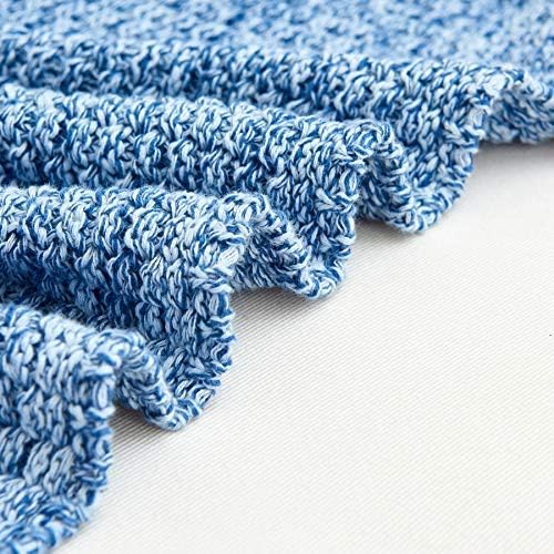 Longhui bedding Blue Knitted Throw Blanket for Couch, Soft, Cozy Machine Washable 100% Cotton Sofa Knit Blankets, 60 x 80 Inches Oversized, Blue and White Color, Laundry Bag Included