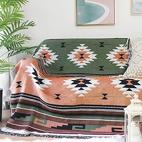 Luxlovery Bohemian Sofa Throw Blankets Ethnic Woven Boho Green and Orange Multicolor Throw Blanket for Couch Bed Throws Chair Sofa Cover with Tassels(63"x86")