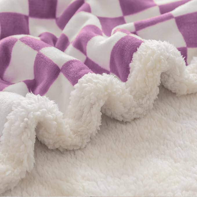 LOMAO Sherpa Throw Blanket Fleece Blanket with Checkered Pattern Soft Thick Blanket for Couch, Bed, Sofa Luxurious Warm and Cozy for All Seasons (Purple, 60"x80")