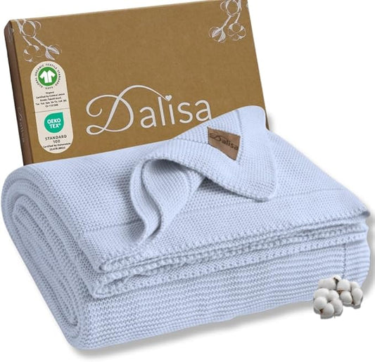 100% Organic Turkish Cotton Throw Blanket - GOTS Certified, Cozy - Perfect for Couch, Bed, and Home Decor - Boho Vintage Knit Alina (Baby Blue, 50x60)