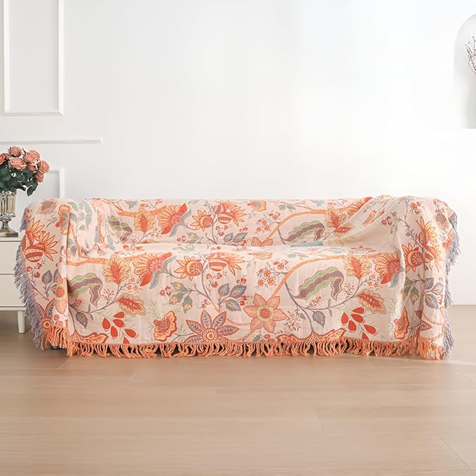Fall Boho Throw Blankets for Bed Couch, 100% Soft Cozy Cotton Blanket Rustic Quilt 60"x80",Lightweight Reversible Muslin Farmhouse Decor Blankets for Armchair,Picnic,Sofa,Couch