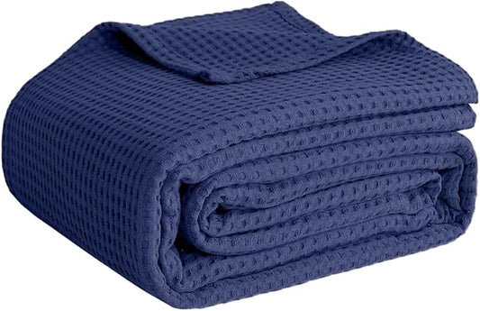 100% Cotton Blankets Queen Size for Bed - Waffle Weave Blankets for Summer, Lightweight and Breathable Soft Woven Blanket for Spring, (Navy, Queen (90" x 90"))
