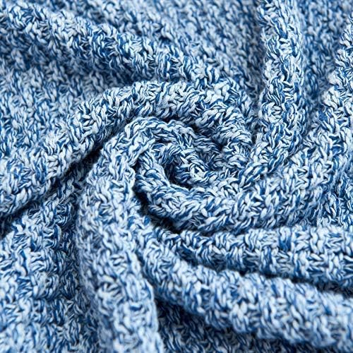 Longhui bedding Blue Knitted Throw Blanket for Couch, Soft, Cozy Machine Washable 100% Cotton Sofa Knit Blankets, 60 x 80 Inches Oversized, Blue and White Color, Laundry Bag Included