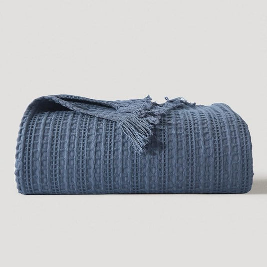 100% Cotton Waffle Blanket with Fringe, Pre-Washed Waffle Weave Blanket for All Season, Lightweight Breathable Soft Cozy Throw Blanket for Couch, Bed, Travel (Blue - 50x60 Inches)