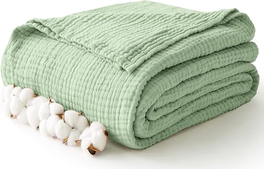 100% Cotton Muslin Blanket Large 50" x 70", 6 Layers Breathable and Lightweight Cotton Throw Blanket for Couch, Soft Quilt Bedspread, Gauze Blanket for Adults All Season, Sage Green