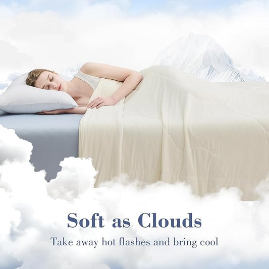 EMME Cooling Comforter Queen Size, Double-Sided Cooling Blanket for Hot Sleepers, Q-Max>0.45 Breathable Summer Quilt for Night Sweater, Cold Touch Lightweight Duvet Insert (Beige,90 x 90)