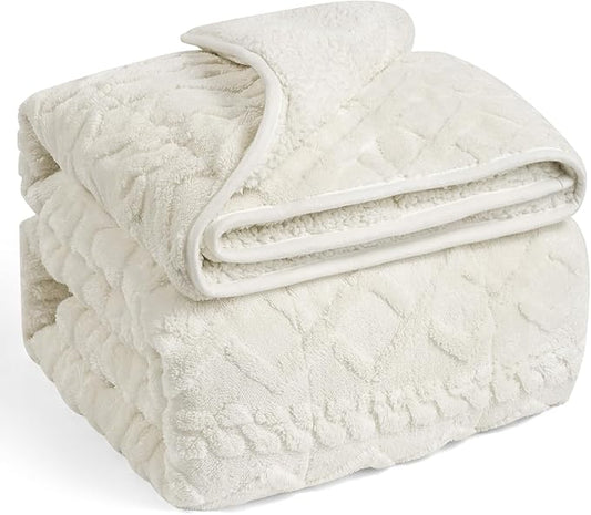Wemore Weighted Blanket for Adults Twin Size 20 lbs, Dual Sided Soft Fuzzy Jacquard Sherpa Weighted Blankets Throw, Cozy Fluffy Knitted Heavy Blanket for Bed and Couch, Cream White, 60 x 80 inches