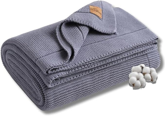 100% Organic Turkish Cotton Throw Blanket - GOTS Certified, Cozy - Perfect for Couch, Bed, and Home Decor - Boho Vintage Knit Alina (Grey Blue, 80x90)