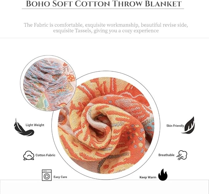 Fall Boho Throw Blankets for Bed Couch, 100% Soft Cozy Cotton Blanket Rustic Quilt 60"x80",Lightweight Reversible Muslin Farmhouse Decor Blankets for Armchair,Picnic,Sofa,Couch