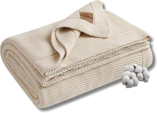 100% Organic Turkish Cotton Throw Blanket - GOTS Certified, Cozy - Perfect for Couch, Bed, and Home Decor - Boho Vintage Knit Alina (Stone, 80x90)