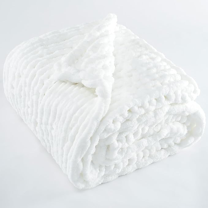 Chunky Knit Throw Blanket 50"X 60", 100% Handmade with Soft Chenille Yarn, 4.4lbs Thick Cable Knitted Blankets, Large Rope Knot Crochet Throws for Couch Sofa Bed Home Decor, Snow White