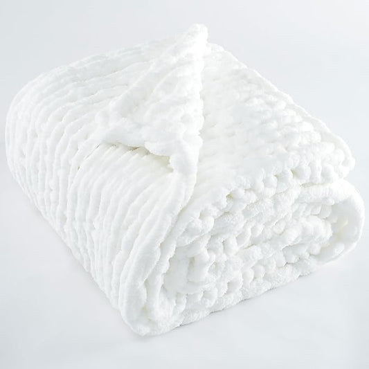 Chunky Knit Throw Blanket 50"X 60", 100% Handmade with Soft Chenille Yarn, 4.4lbs Thick Cable Knitted Blankets, Large Rope Knot Crochet Throws for Couch Sofa Bed Home Decor, Snow White