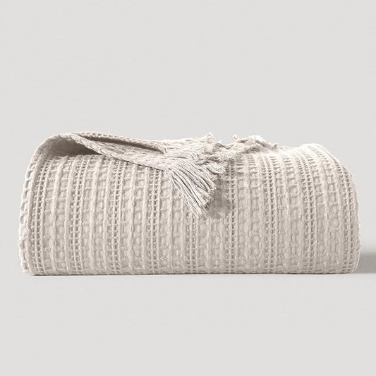 100% Cotton Waffle Blanket with Fringe, Pre-Washed Waffle Weave Blanket for All Season, Lightweight Breathable Soft Cozy Throw Blanket for Couch, Bed, Travel (Beige - 50x60 Inches)