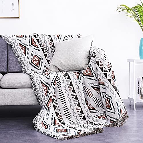 Luxlovery Beige Bohemian Sofa Throw Blankets Ethnic Woven Boho Geometric White and Khaki Throw Blanket for Couch Aztec Bed Throws Oversized Chair Sofa Cover with Tassels(63"x102")