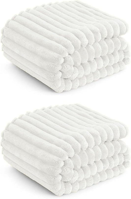 2Pcs 50"x60" Fleece Throw Blanket for Couch-350GSM Soft Cream White, Striped and Gift - Ready for Women and Men,Lightweight, Breathable and Warm, it can be Used All Year Round.